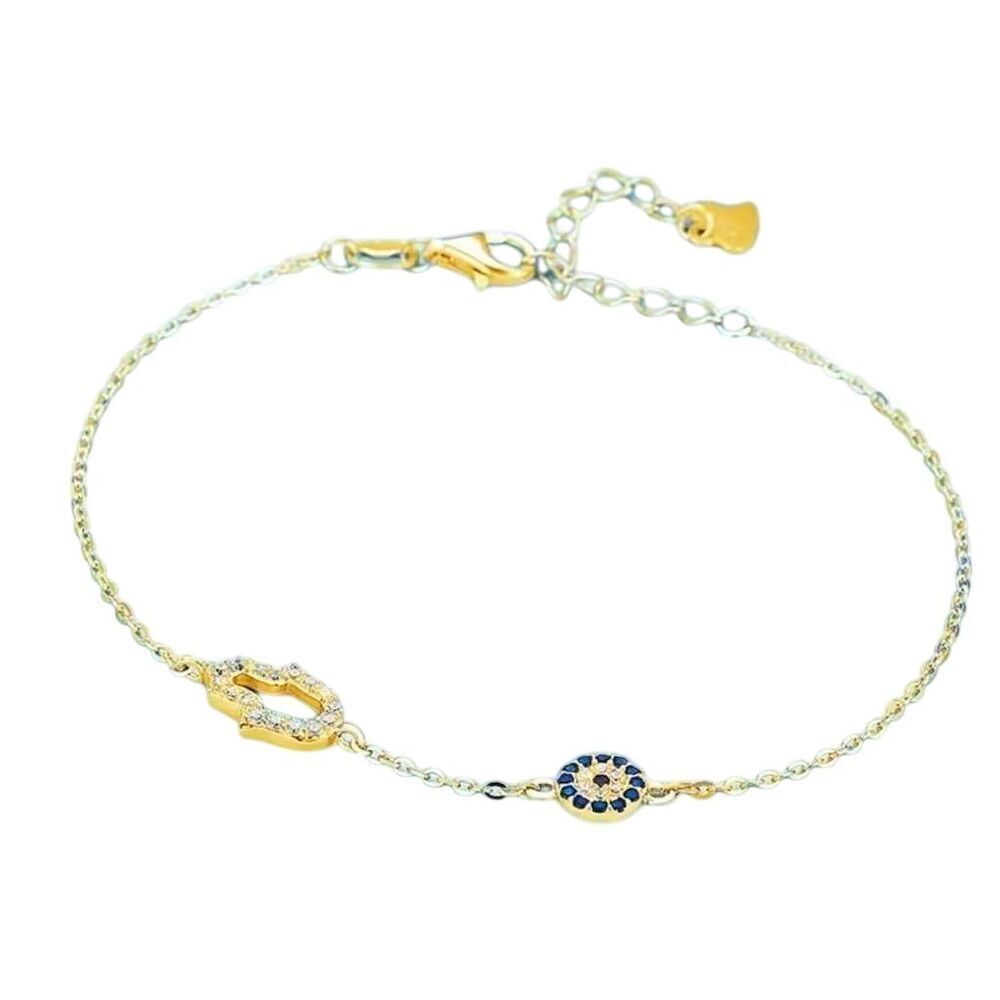 Chic Trendy Evil Eye Blue Zirconia 925 Silver Gold Plated Bracelet Dainty - Picture 3 of 8